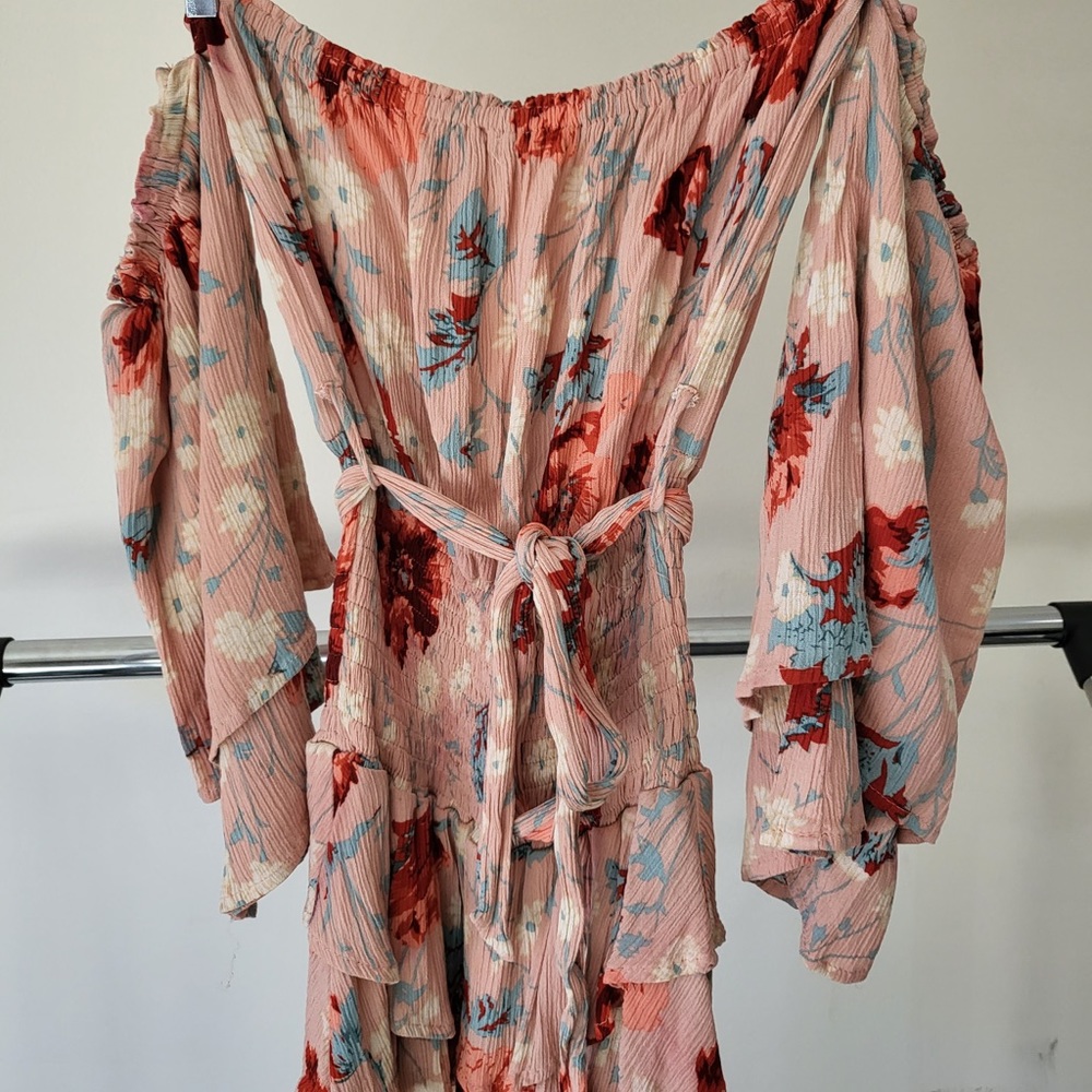 Peach / Blush Floral Off Shoulder Drop Waist Mini Dress